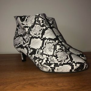 Snakeskin kitten heel booties